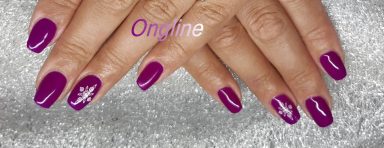 Unes mains avec des ongles vernis en violet, décorés de motifs.